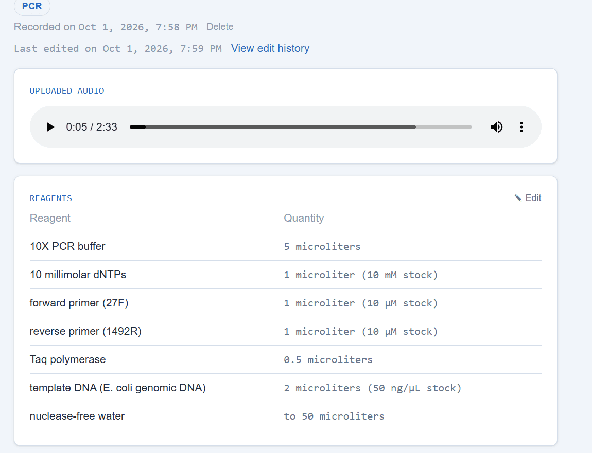 A recording turned into a structured PCR entry with an audio player and a reagents table.