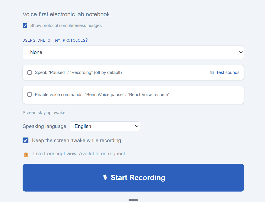 The BenchVoice record screen: choose a protocol and speaking language, then Start Recording.